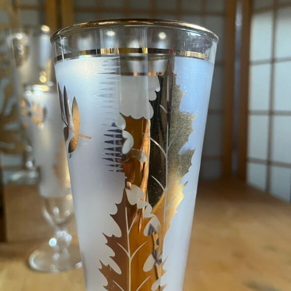 Set Of 6 Libbey Vintage Golden Foliage Pilsner Glasses Frosted Gold Leaf USA - Picture 4 of 7